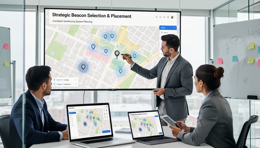 BLE beacon hardware devices arranged on table during deployment planning