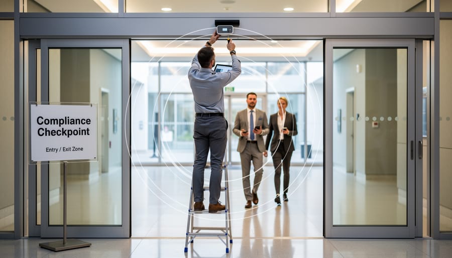 Technician installing BLE beacon device on commercial entrance door frame