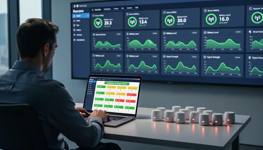 Hand holding smartphone showing beacon network monitoring interface
