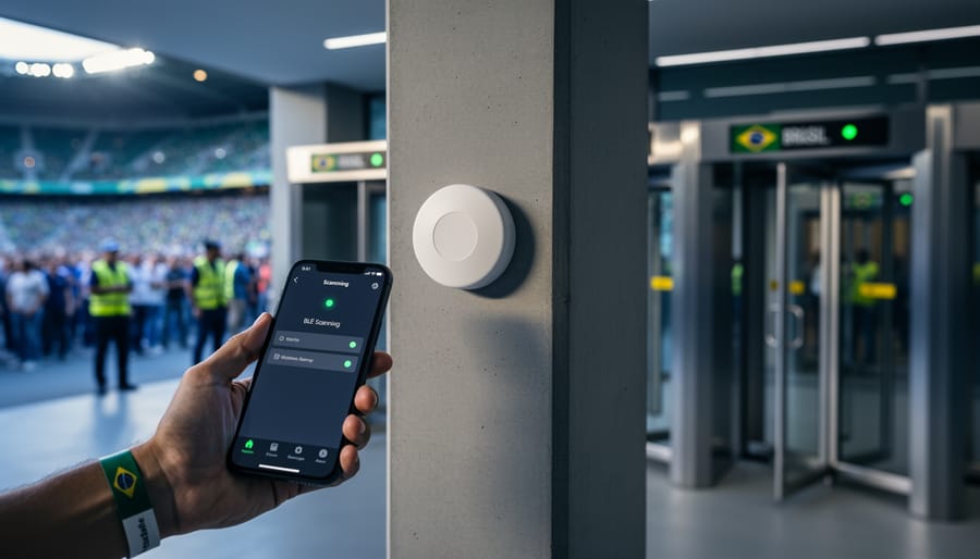 Close-up of a hand holding a smartphone near a small BLE beacon puck on a stadium entrance pillar, with turnstiles, blurred fans, and security staff in the background, evoking Brazilian colors and a professional compliance setting.