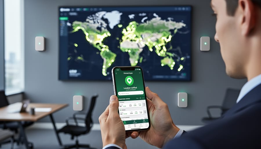 Smartphone with betting app next to white BLE beacon mounted on wall