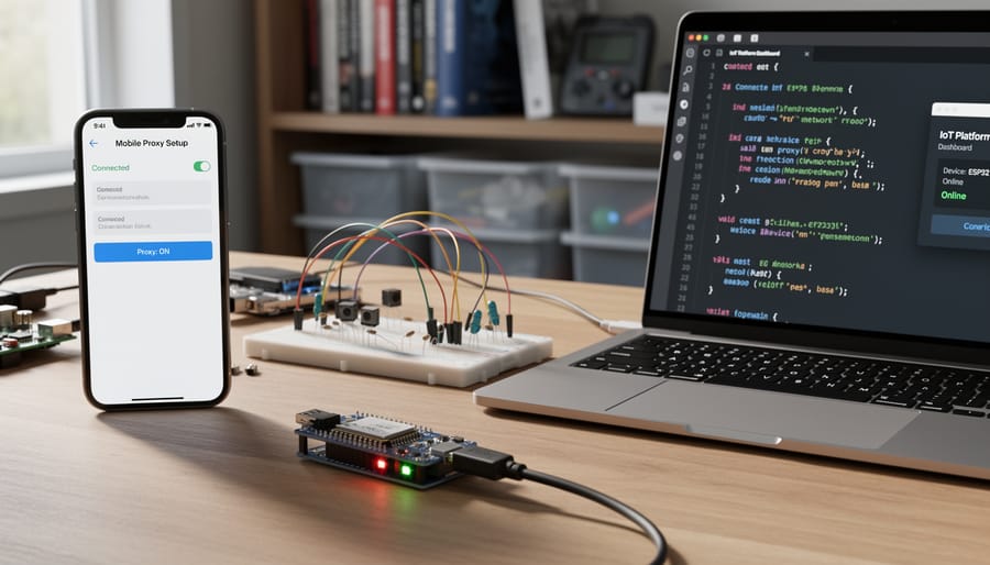 Person configuring ESP32 IoT microcontroller board at computer workstation