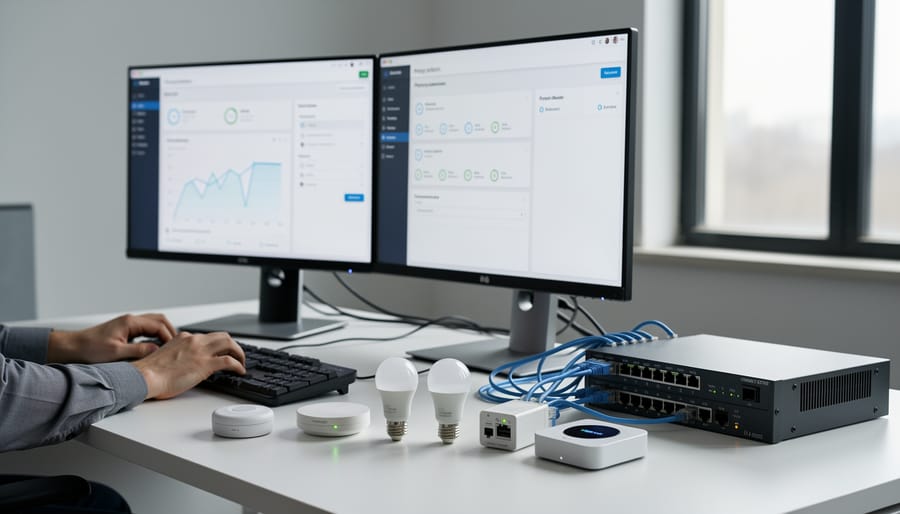 Network router with connected IoT devices and ethernet cables on desk
