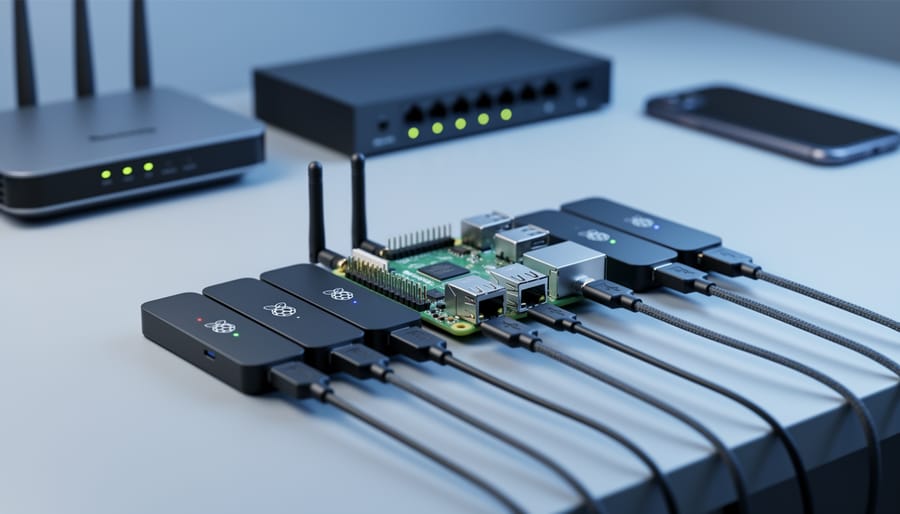 Close-up of a Raspberry Pi connected to multiple USB 4G/5G cellular modems with small antennas on a clean workbench, with a blurred router and smartphone in the background under cool blue lighting, illustrating mobile rotating proxies for IoT privacy and reliability.