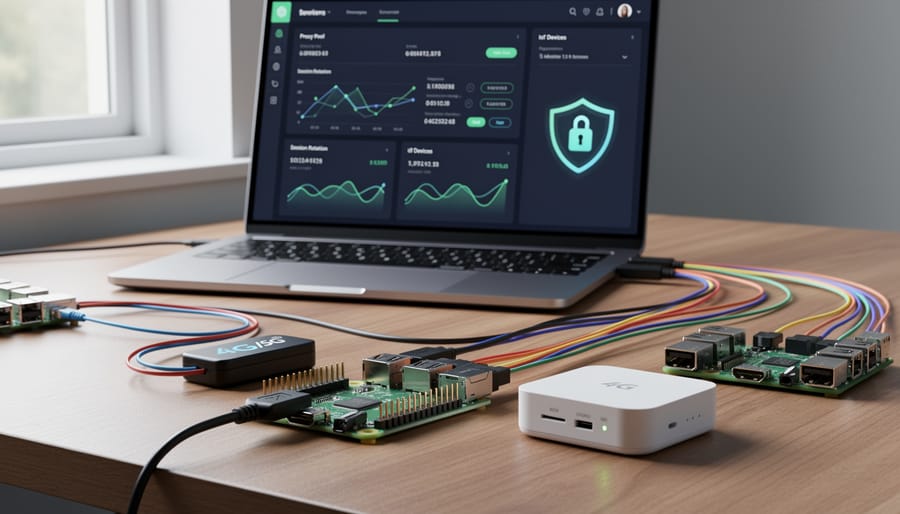 Raspberry Pi IoT device with network cables and LED lights on desk