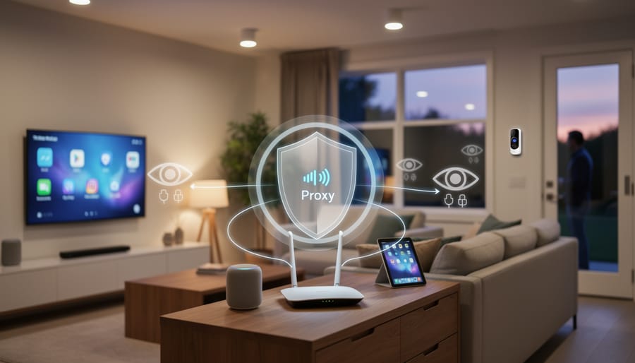 Modern smart home living room with connected IoT devices including speaker and security camera