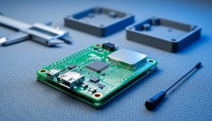 Angled close-up of a green IoT prototype PCB with microcontroller, RF shielded module, and meandered antenna trace on an ESD mat, with blurred calipers, small antenna, and 3D-printed enclosure halves in the background.