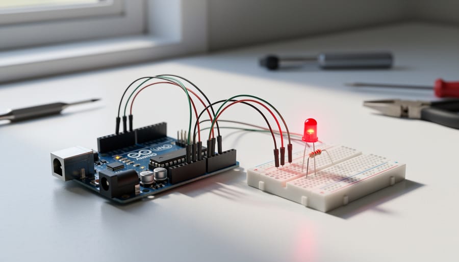 Close-up of hands assembling LED circuit on breadboard with Arduino