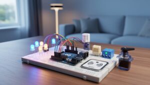Close-up of an Arduino on a breadboard with LEDs, PIR motion sensor, temperature/humidity sensor, RFID reader, relay module, and small servo on a wooden desk, shot from a 45-degree angle with soft daylight and a blurred living room and smart lamp in the background