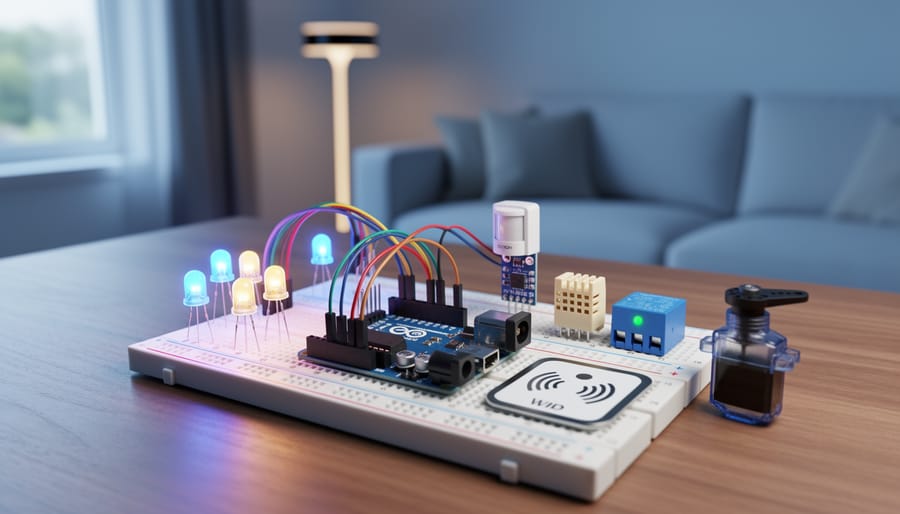 Close-up of an Arduino on a breadboard with LEDs, PIR motion sensor, temperature/humidity sensor, RFID reader, relay module, and small servo on a wooden desk, shot from a 45-degree angle with soft daylight and a blurred living room and smart lamp in the background