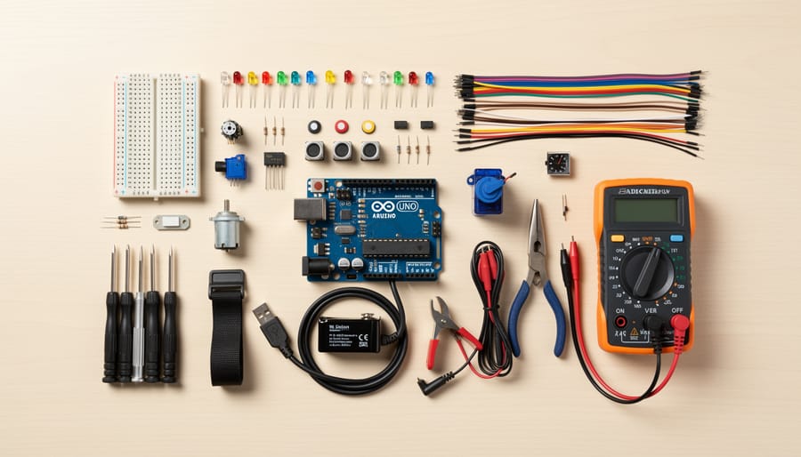 Arduino Uno board with electronic components including wires, LEDs, and sensors on workbench