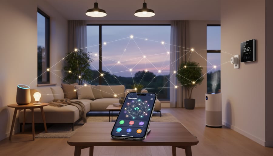 Smart home devices connected via Bluetooth mesh network on living room table