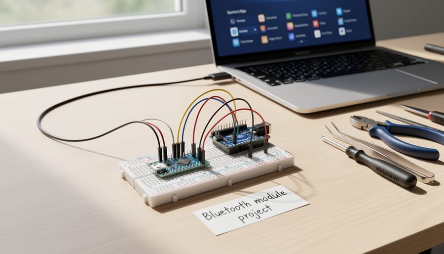 Hands connecting Bluetooth module to Arduino board on workspace with tools