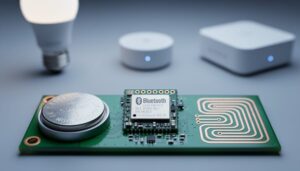 Close-up 45-degree macro of a Bluetooth Low Energy module on a PCB beside a coin-cell battery, with out-of-focus smart bulb, sensor puck, and gateway in the background, cool studio lighting, shallow depth of field.