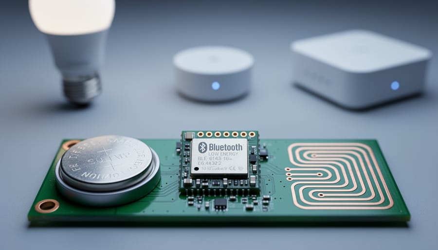 Close-up 45-degree macro of a Bluetooth Low Energy module on a PCB beside a coin-cell battery, with out-of-focus smart bulb, sensor puck, and gateway in the background, cool studio lighting, shallow depth of field.