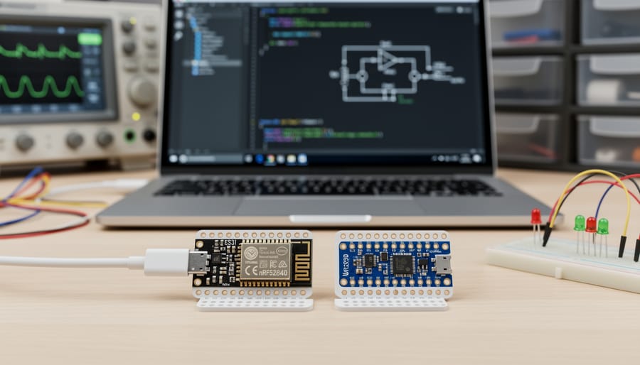 Variety of modern Bluetooth modules and microcontroller boards arranged on workbench